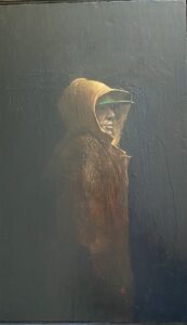 E8 - painting by Kevin Hendley painted in 2024, man in raincoat
